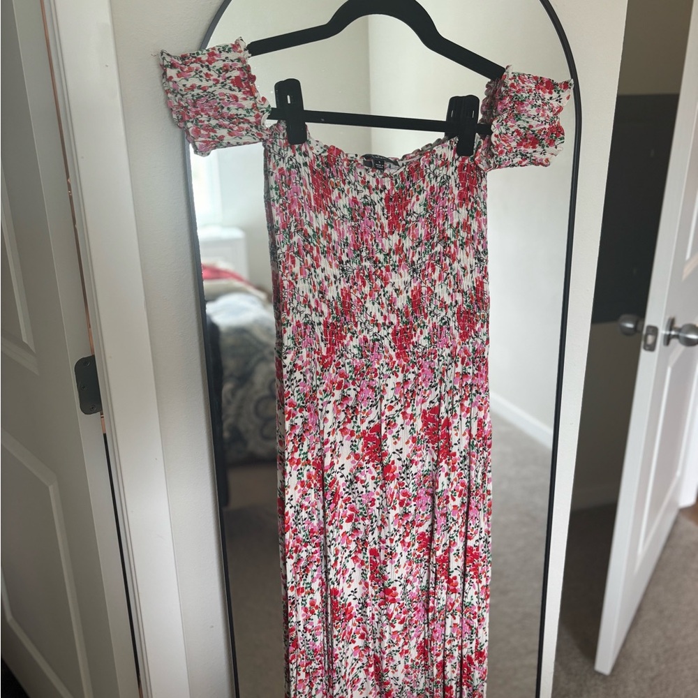 Lulu's Pink & Red Floral Smocked Midi Dress